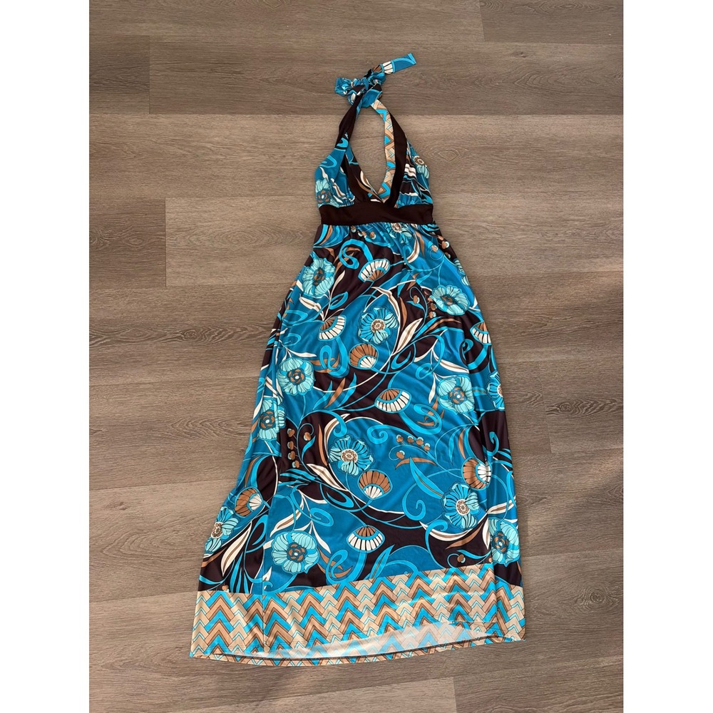 Le Chateau Vintage Y2K Maxi Babydoll Dress Blue Brown Floral Halter XL